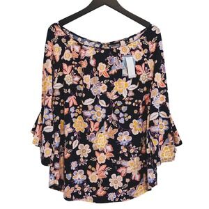 New York & Company Floral Top Women L Black Bell Sleeve Blouse Boho Office